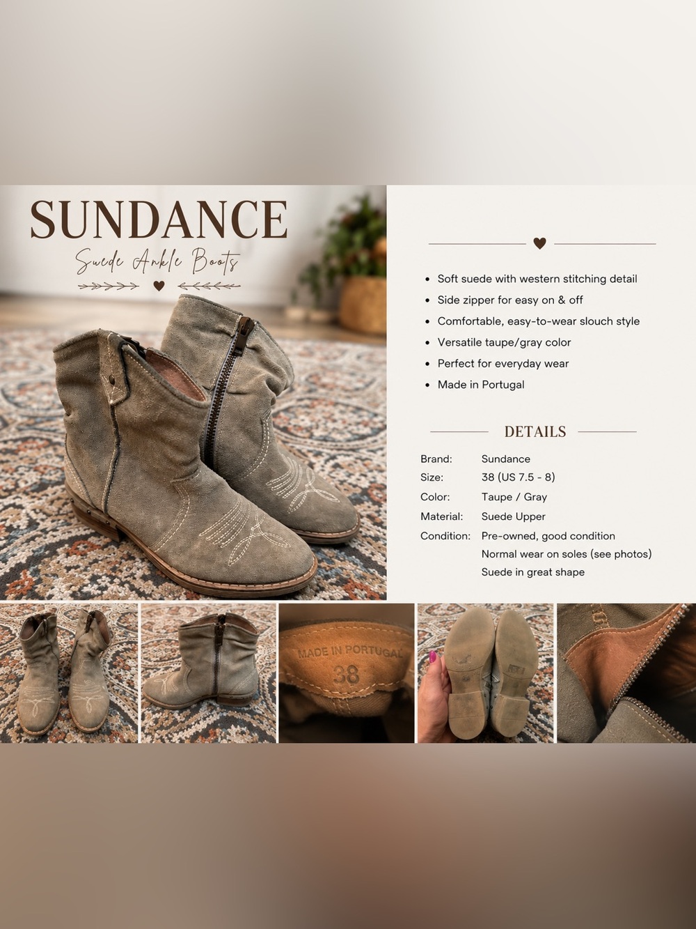 Sundance Taupe/Gray Suede Western-Style Ankle Booties